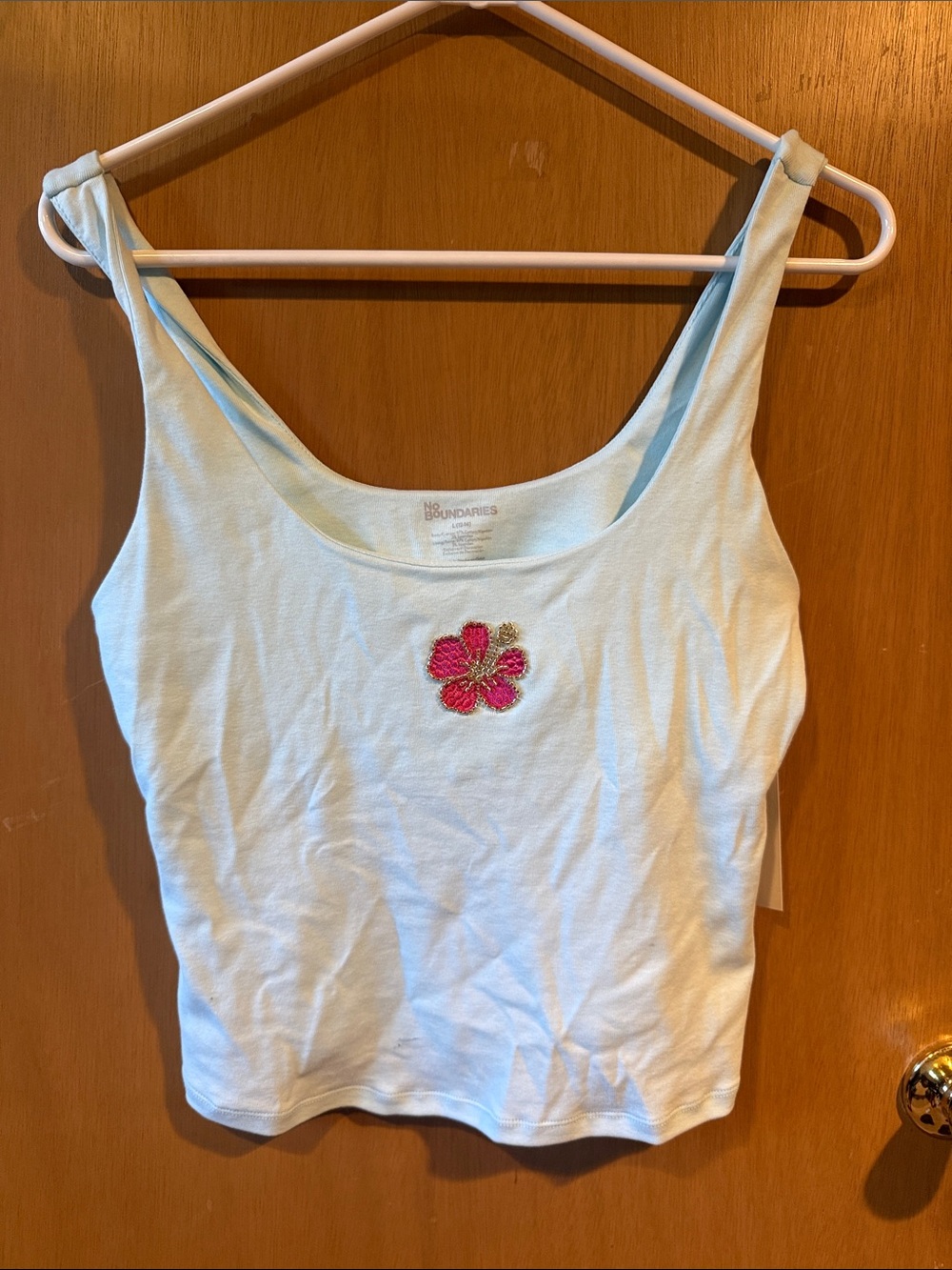 No Boundaries Light Blue Tank with Pink Floral Appliqué